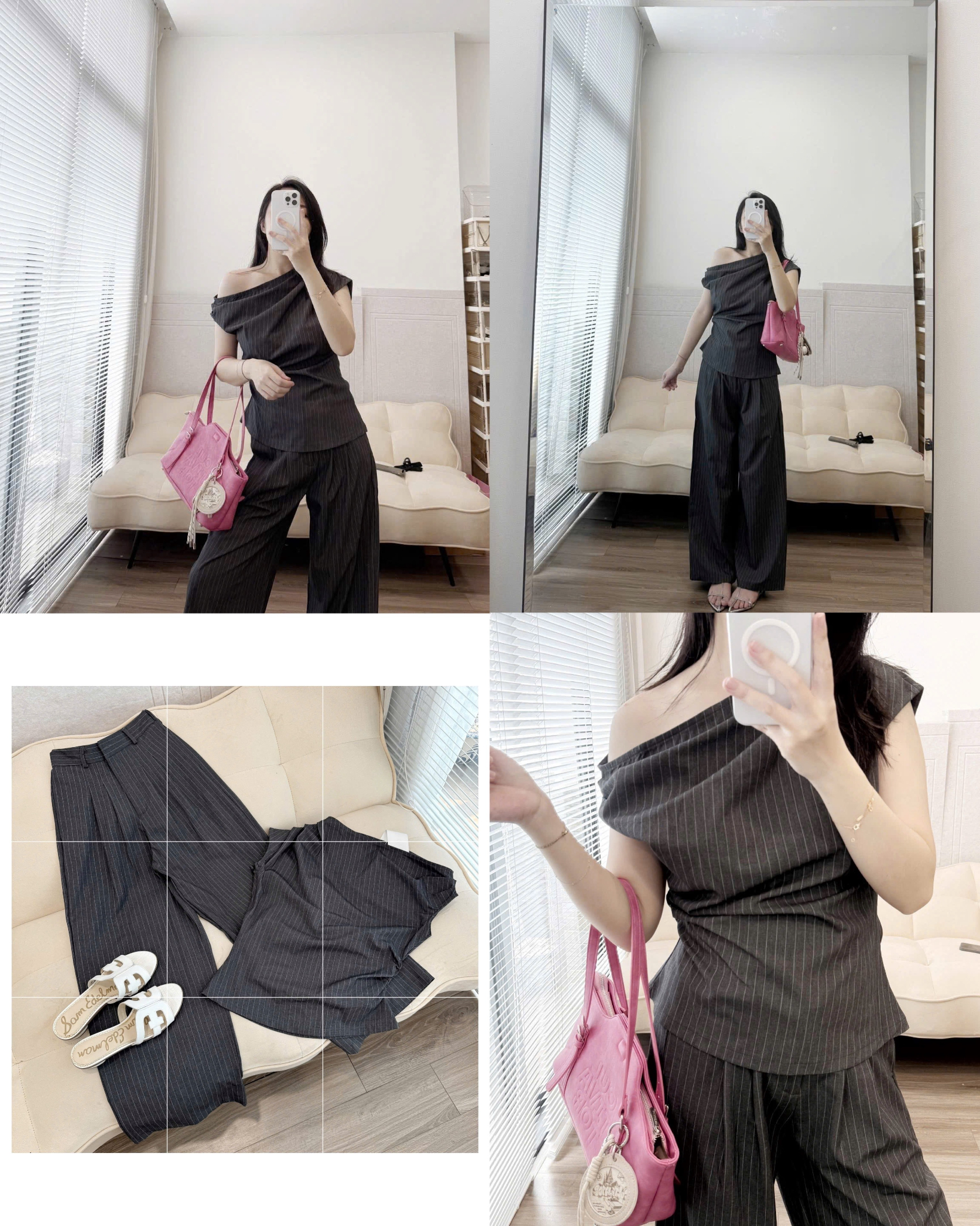 Set Áo Kẻ Lệch vai & Culottes 16392