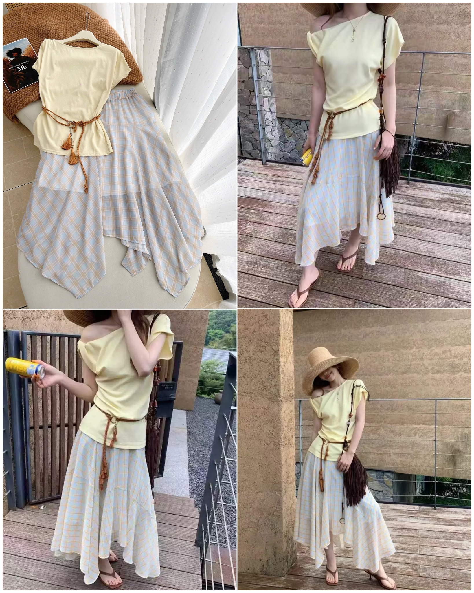 Set Áo Phông & Chân Váy Kẻ kèm belt 16391