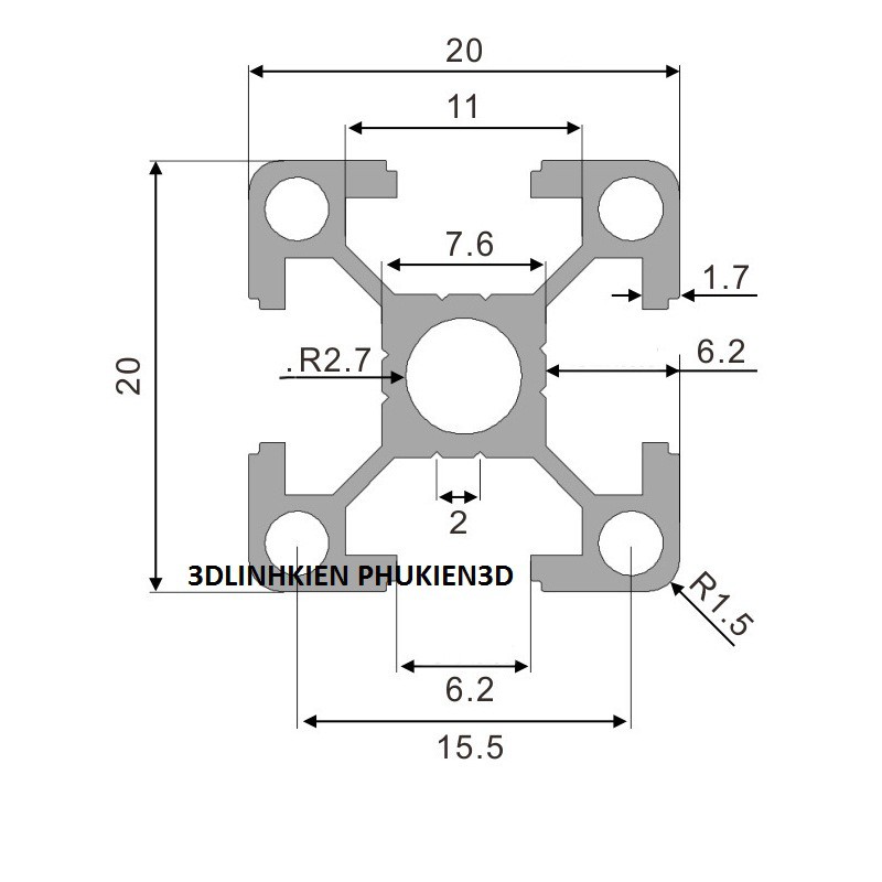 Nhôm định hình 2020 trắng EU dài 1 mét