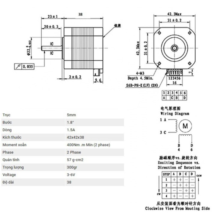 Động cơ bước step motor 42 cũ kèm dây 1 mét 1 đầu Dupond