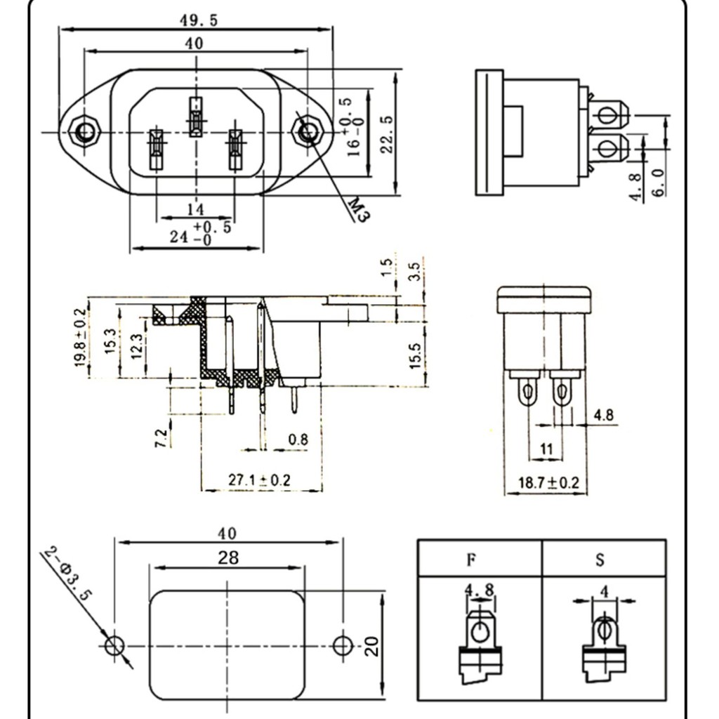 Jack nguồn AC ổ cắm dây điện 3 chấu chắc chắn AC-04