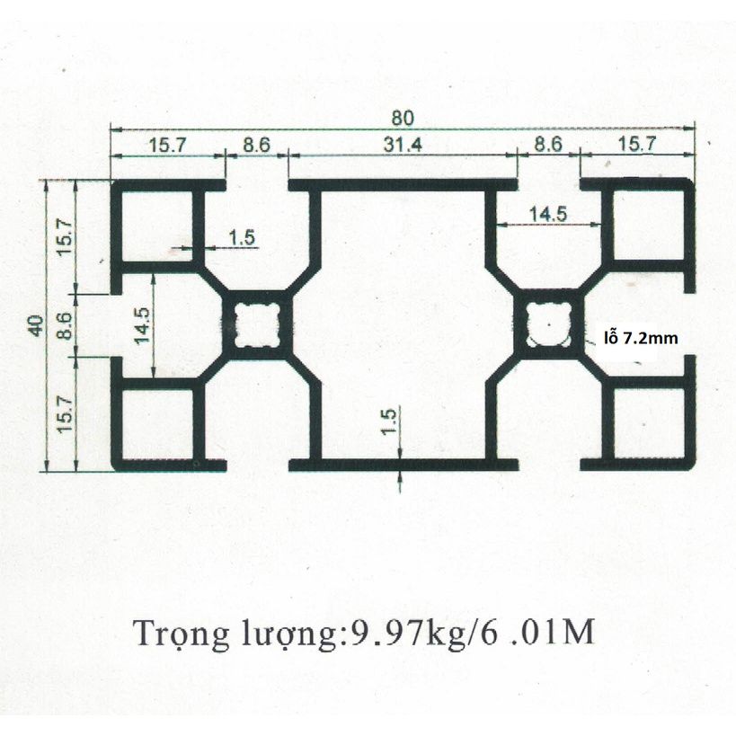 Nhôm định hình 4080 nhôm 40x80 chuẩn GB dày 1.5mm