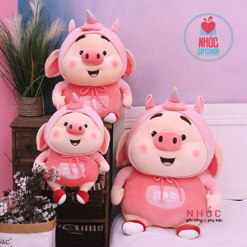 Thú bông heo tik tok mặc áo thú lông mịn ngồi - Kỳ lân hồng - 60480
