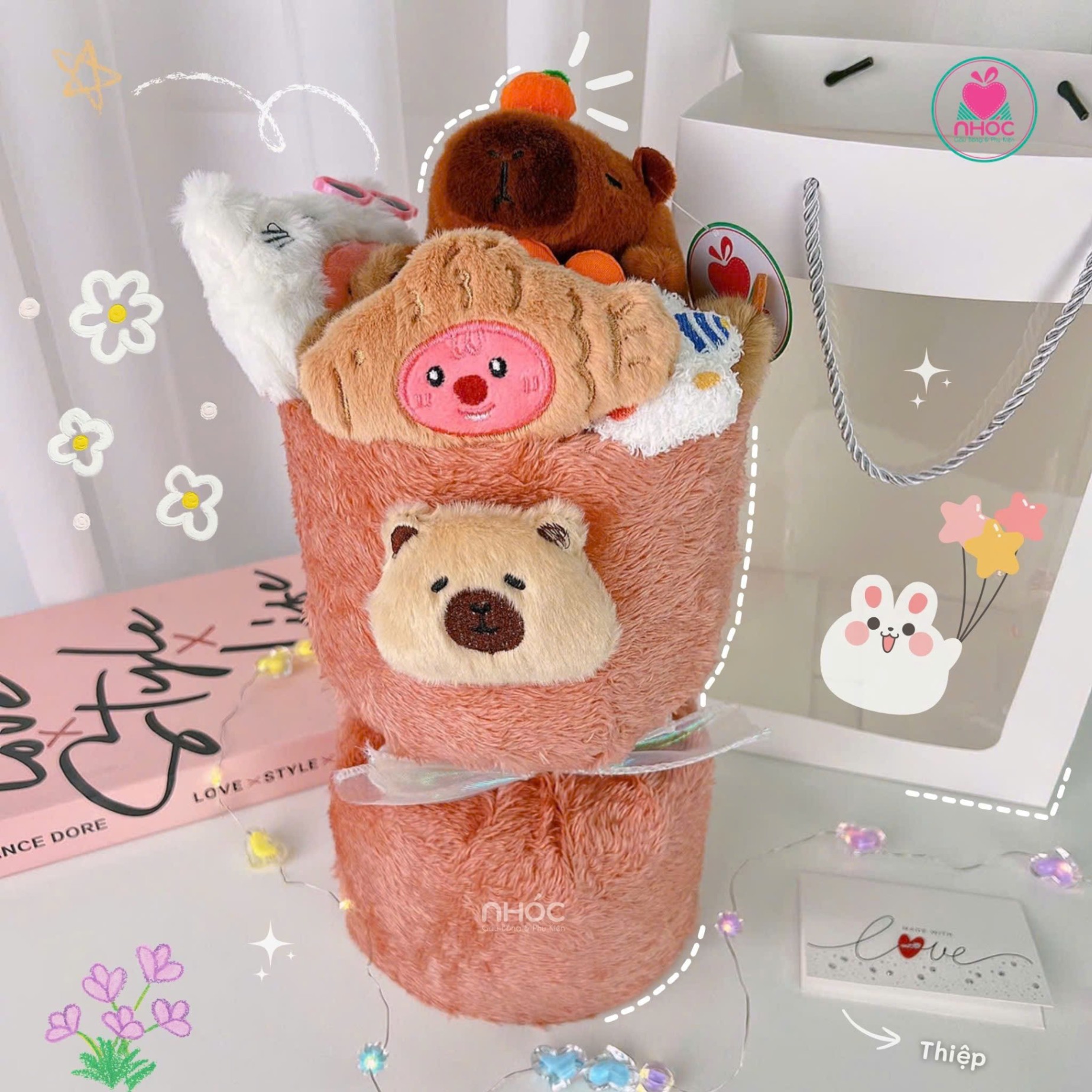 Bó hoa bông Capybara combo túi đèn - Trái cam - 32001