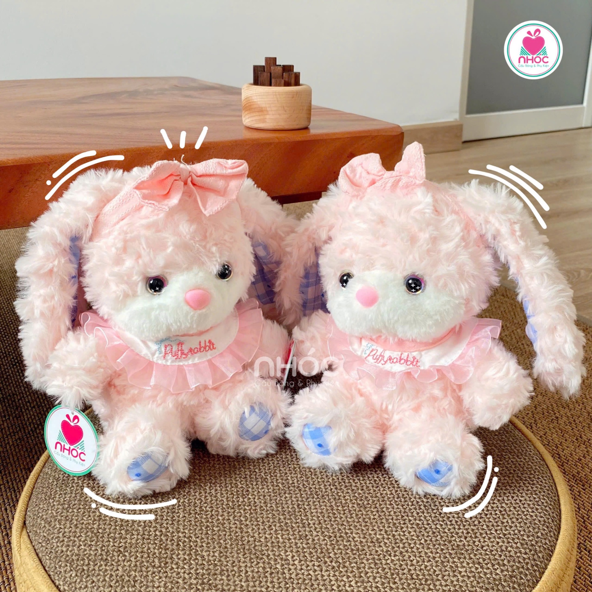 Thú bông Thỏ đeo yếm Puffyrabbit lông xù - Hồng - 2016025