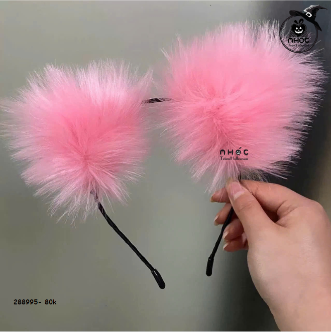 Cài tóc Halloween tai mèo lông xù có đèn - Hồng - 7001