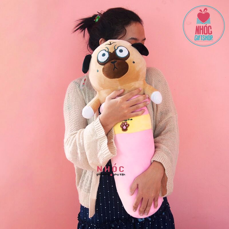 Gối ôm bình sữa chó pug lông mịn GĐ - Hồng - 70220