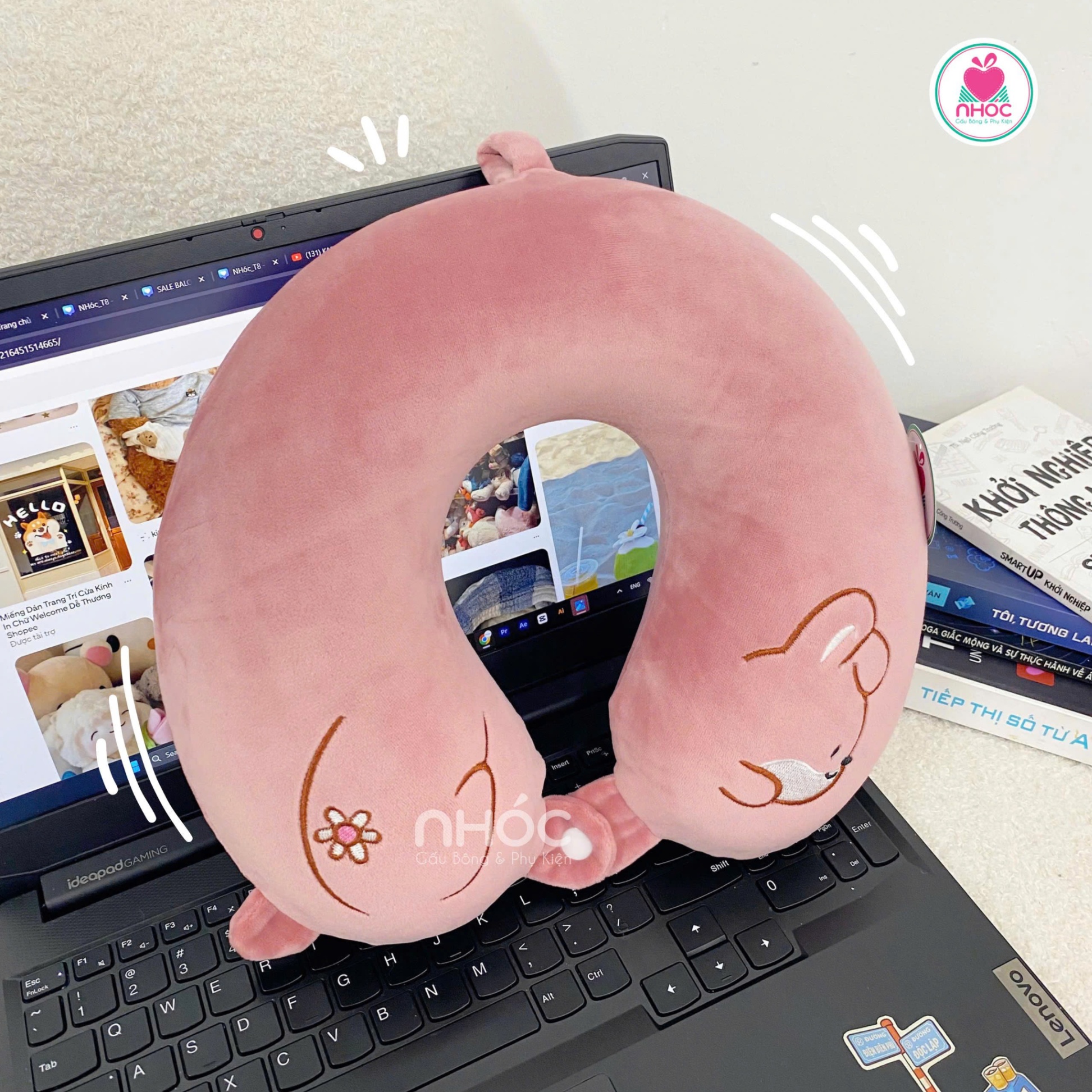Gối kê cổ cao su non thêu thú - Thỏ hồng - 3016025