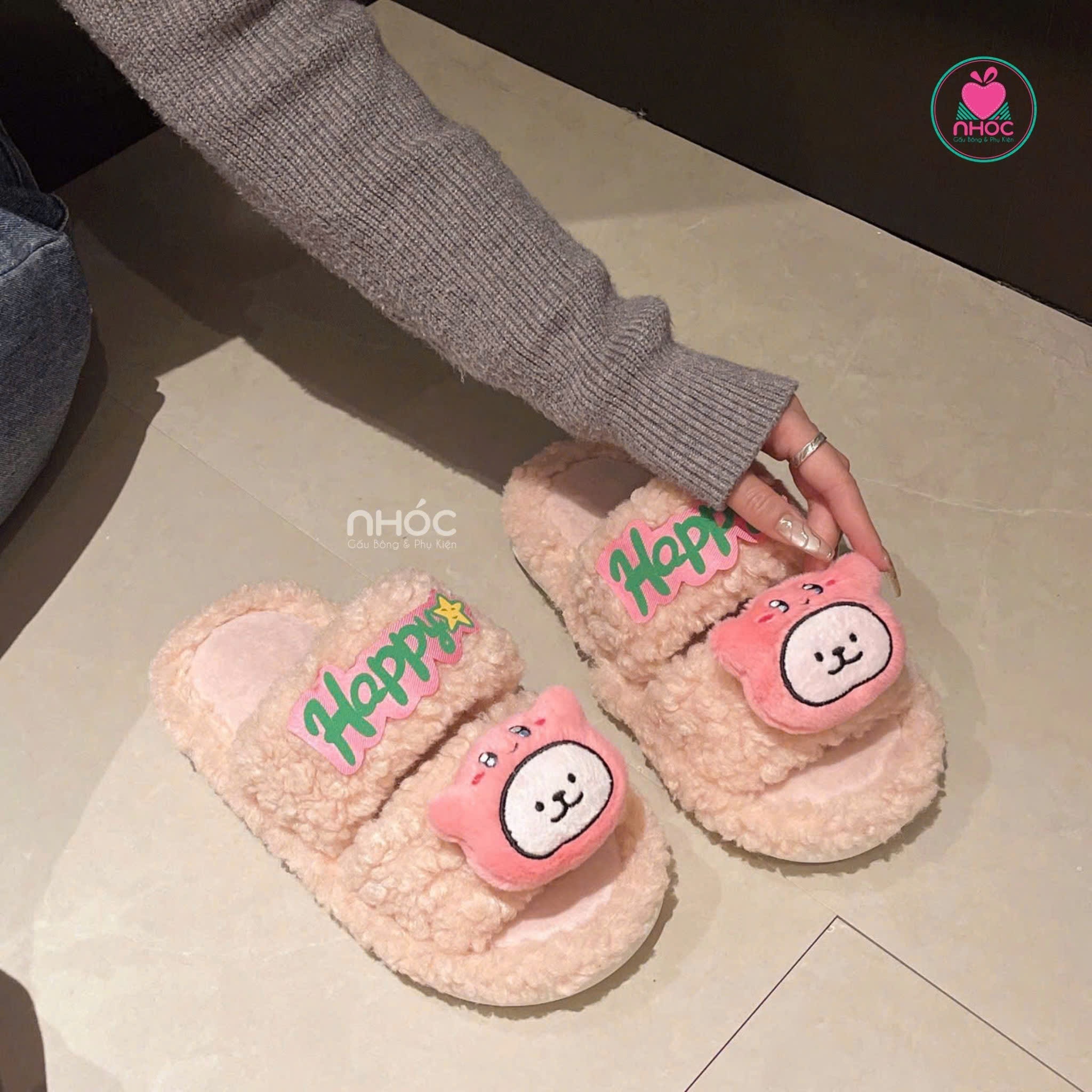 Dép bông quai ngang gấu Happy - Hồng - 28001