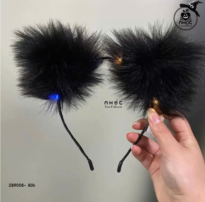 Cài tóc Halloween tai mèo lông xù có đèn - Đen - 7001