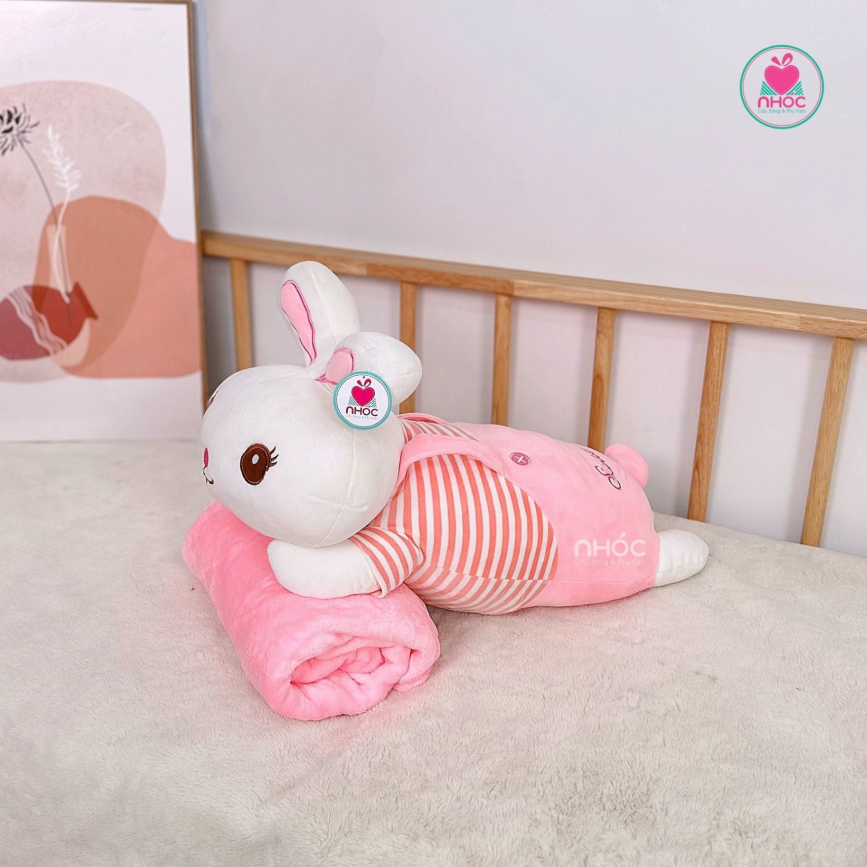 Gối mền Thỏ mặc áo yếm lông mịn nằm - Hồng - 60380