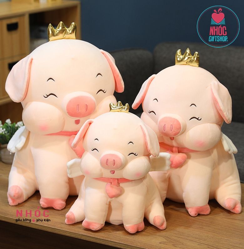 Thú bông heo ngồi cổ dây tim vương miện lông mịn TC - Hồng - 75680