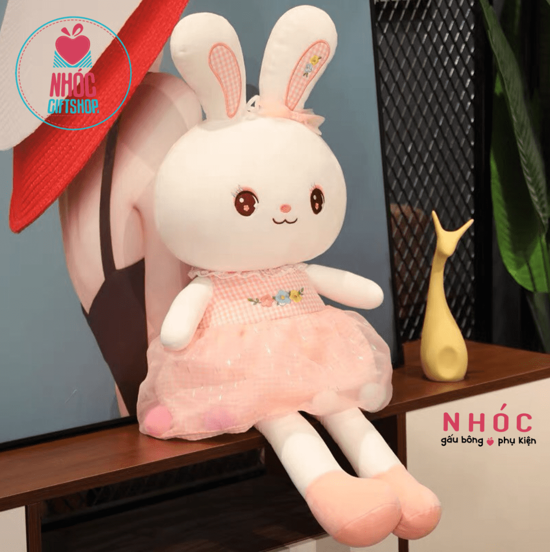 Thú bông thỏ mặc đầm voan caro lông mịn - Hồng - 70320