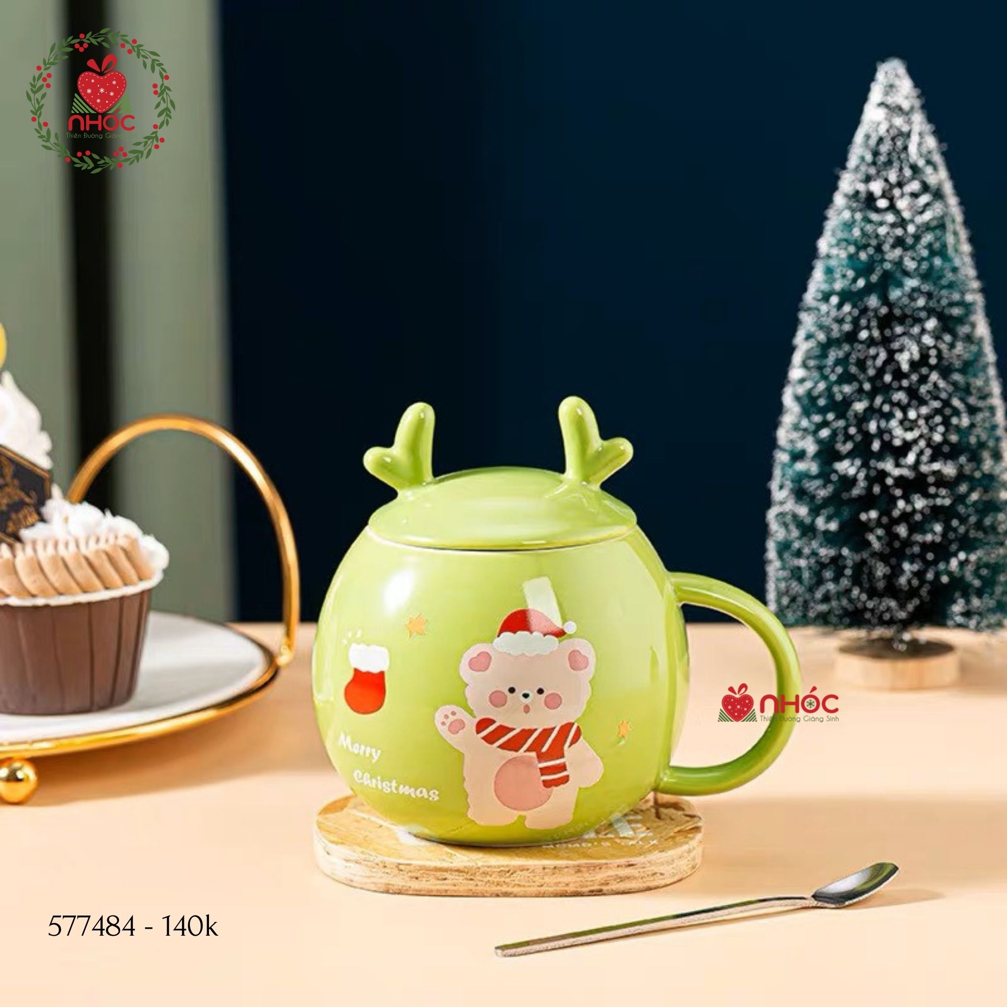 Ly sứ Noel tròn nắp tuần lộc - Xanh mạ - 14001