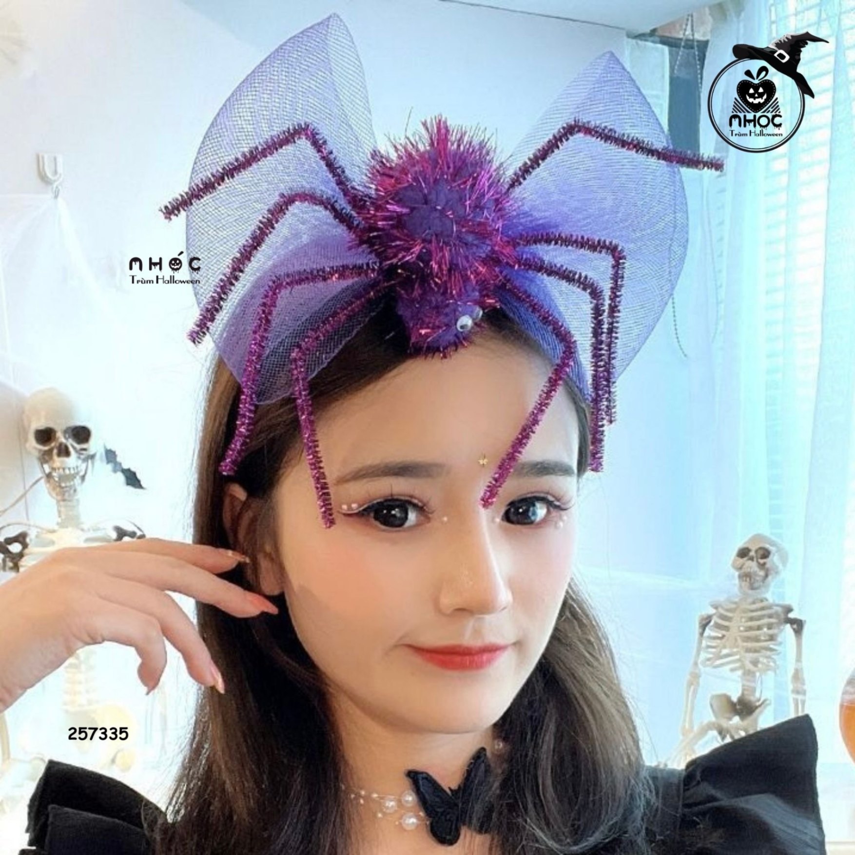 Cài tóc Halloween nơ lưới nhện - Tím - 6001