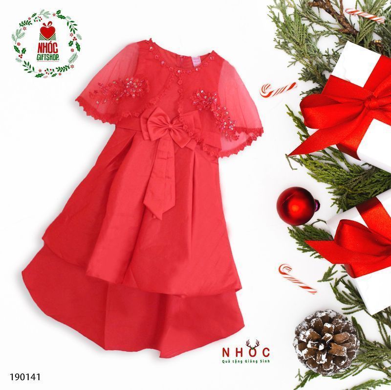 Đầm nhung Noel vải phi xếp li choàng voan - Size 1 - 70360