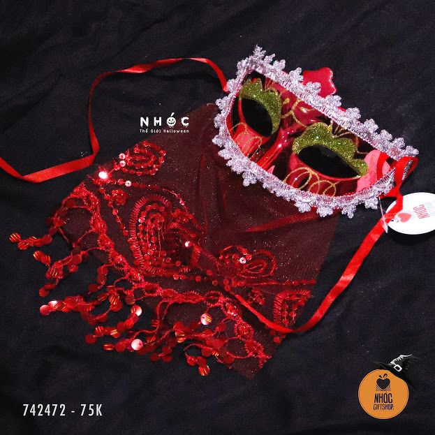 Mặt nạ nửa mặt kim sa lưới che mặt - Đỏ - 7501