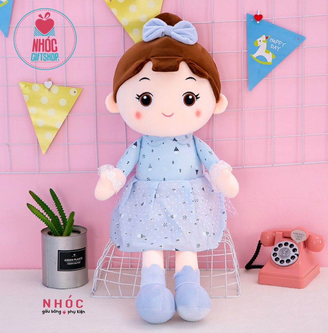 Búp bê bông mặc đầm búi tóc cột nơ lông mịn - Xanh da trời - 75340