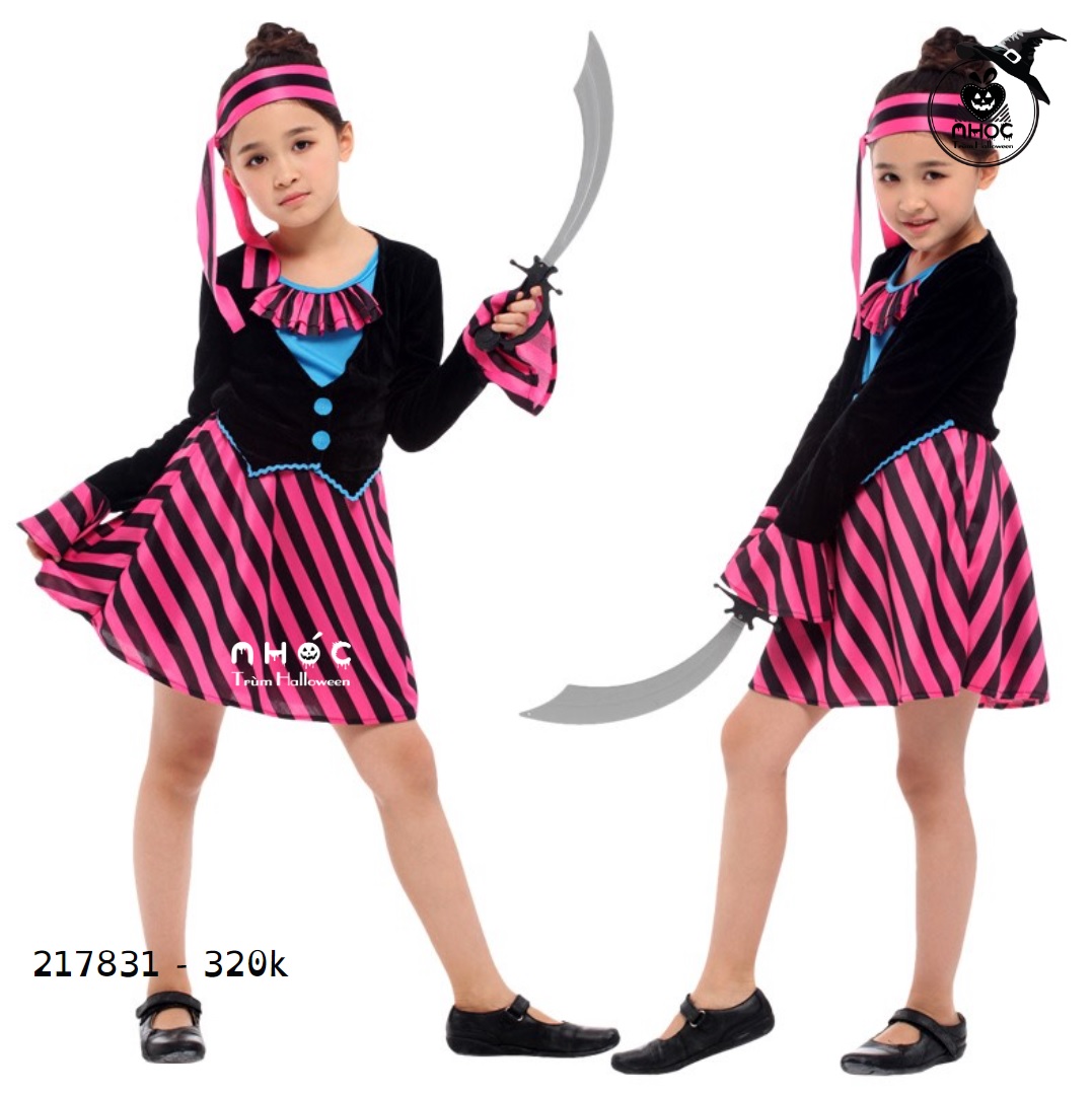 Đầm halloween cướp biển princess pirate váy sọc váy sọc chéo combo khăn - Hồng - Size L - 125320