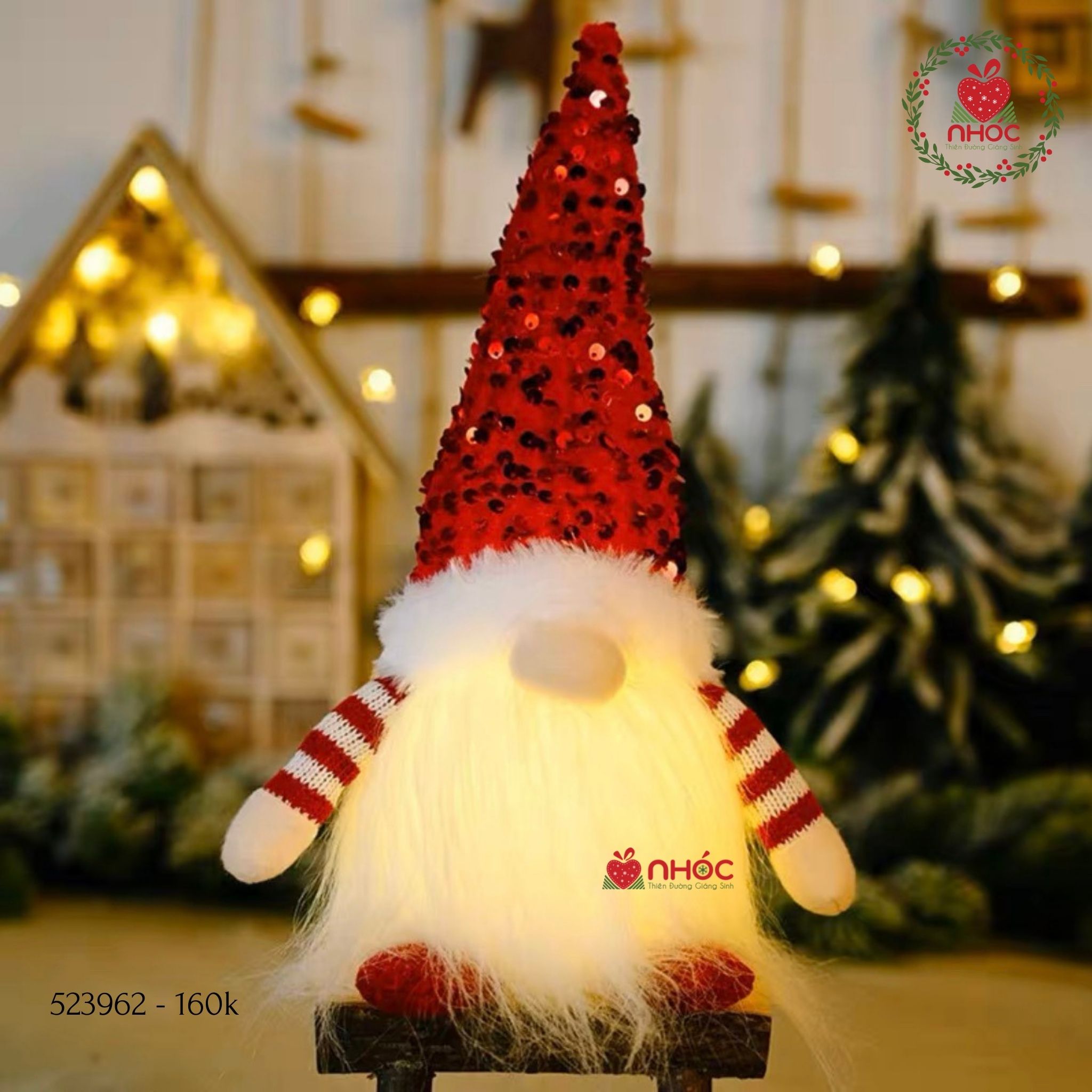 Phụ kiện trang trí Ông già Noel đội nón kim sa có đèn - Đỏ - 30160
