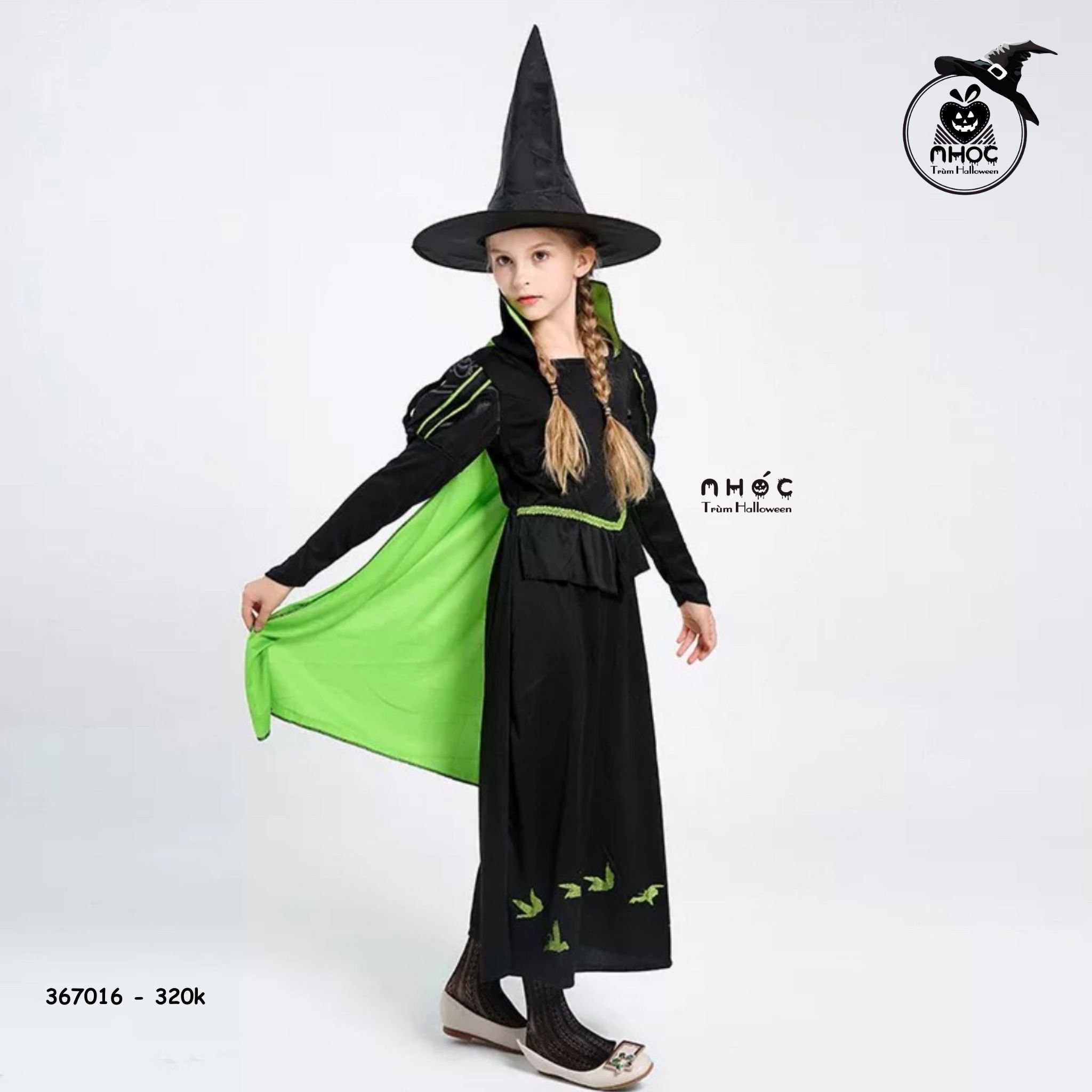 Đầm halloween phù thủy viền xanh vải thun combo nón - Size S - 32001