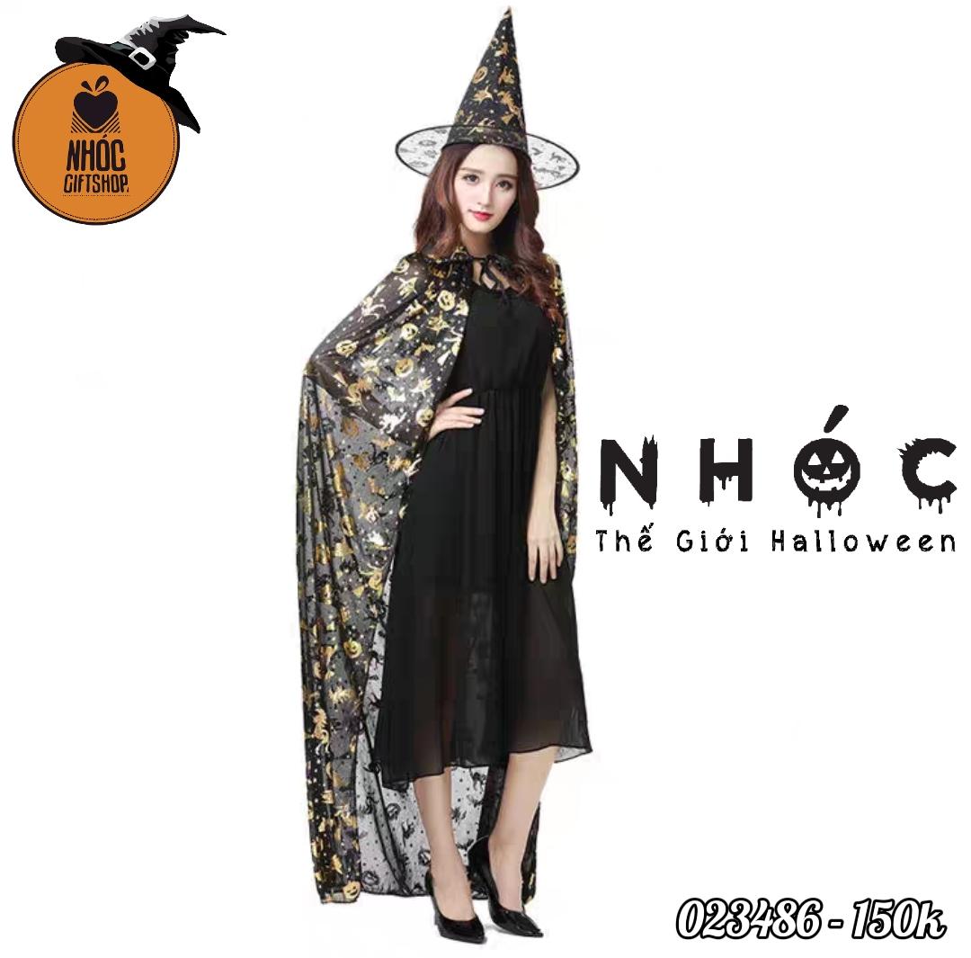 Aó choàng halloween in phù thủy bí dơi combo nón - 15001