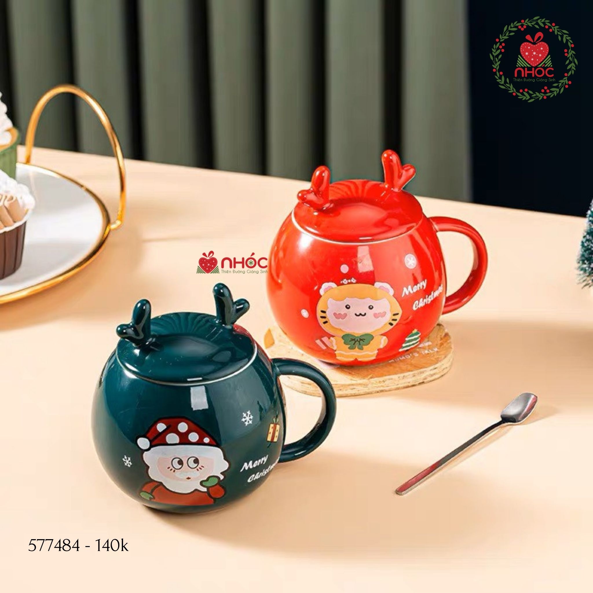 Ly sứ Noel tròn nắp tuần lộc - Đỏ - 14001
