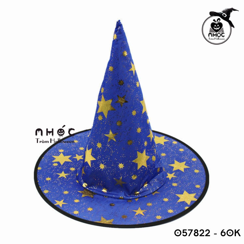 Mũ phù thủy vải phi bóng in sao - Xanh navy - 6001