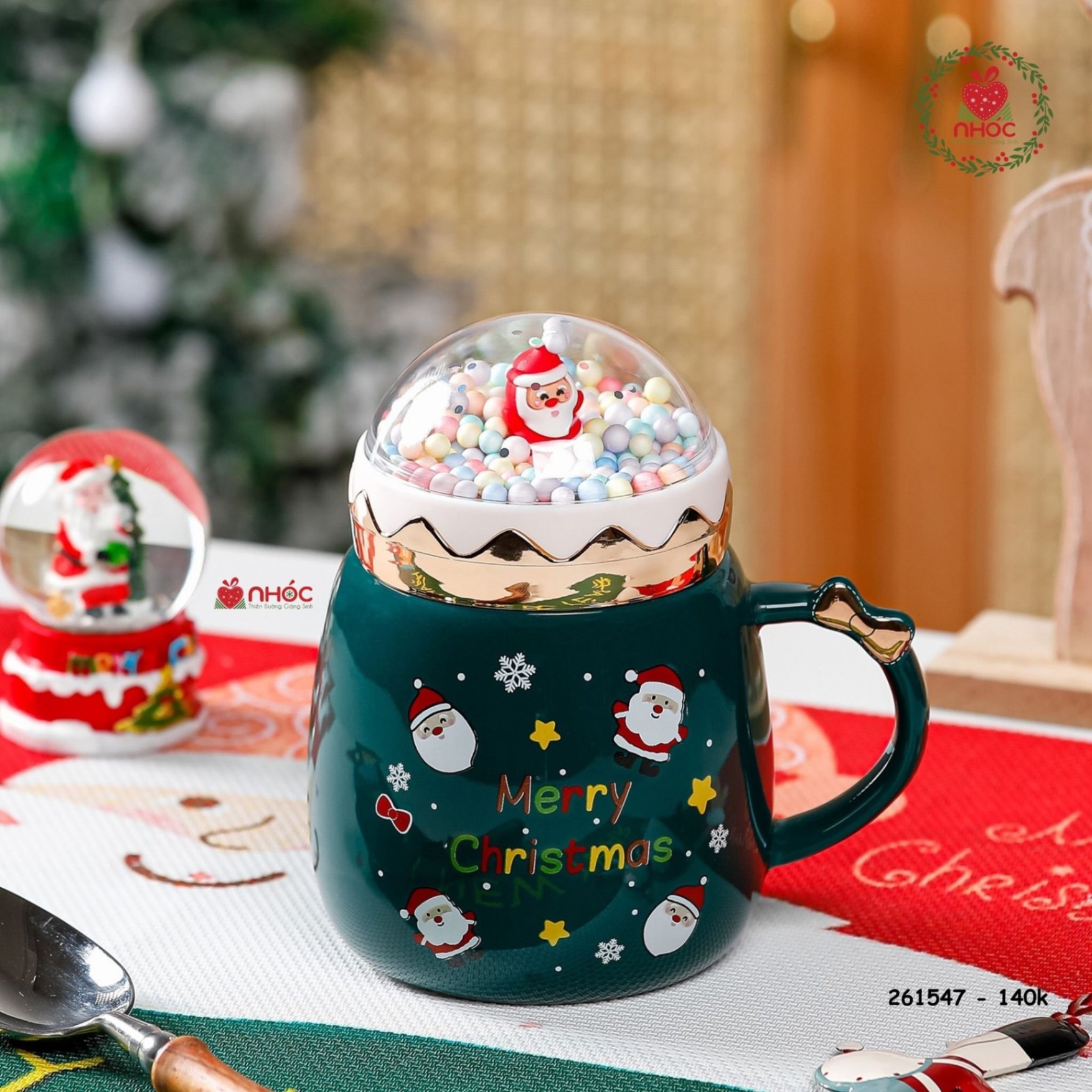 Ly sứ Noel nắp tuyết - Ông Già - Xanh lá - 14001