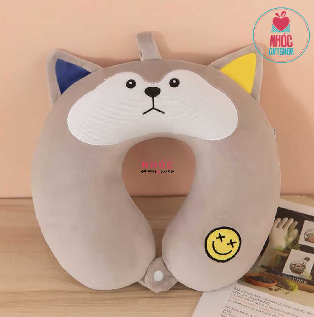 Gối kê cổ cao su non Husky thêu mặt cảm xúc - Xám - 16001