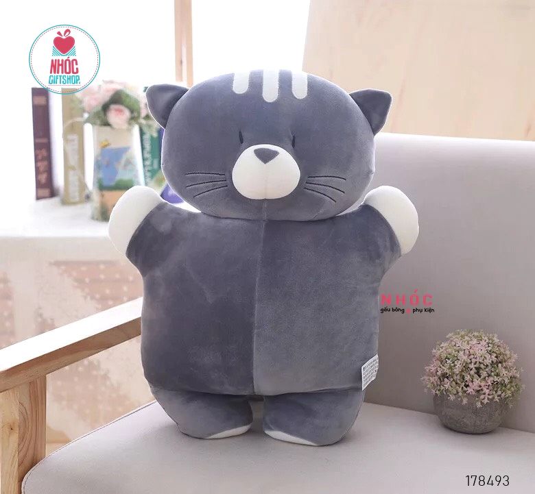 Thú bông tròn ú mèo lông mịn đứng - Xám - 50360