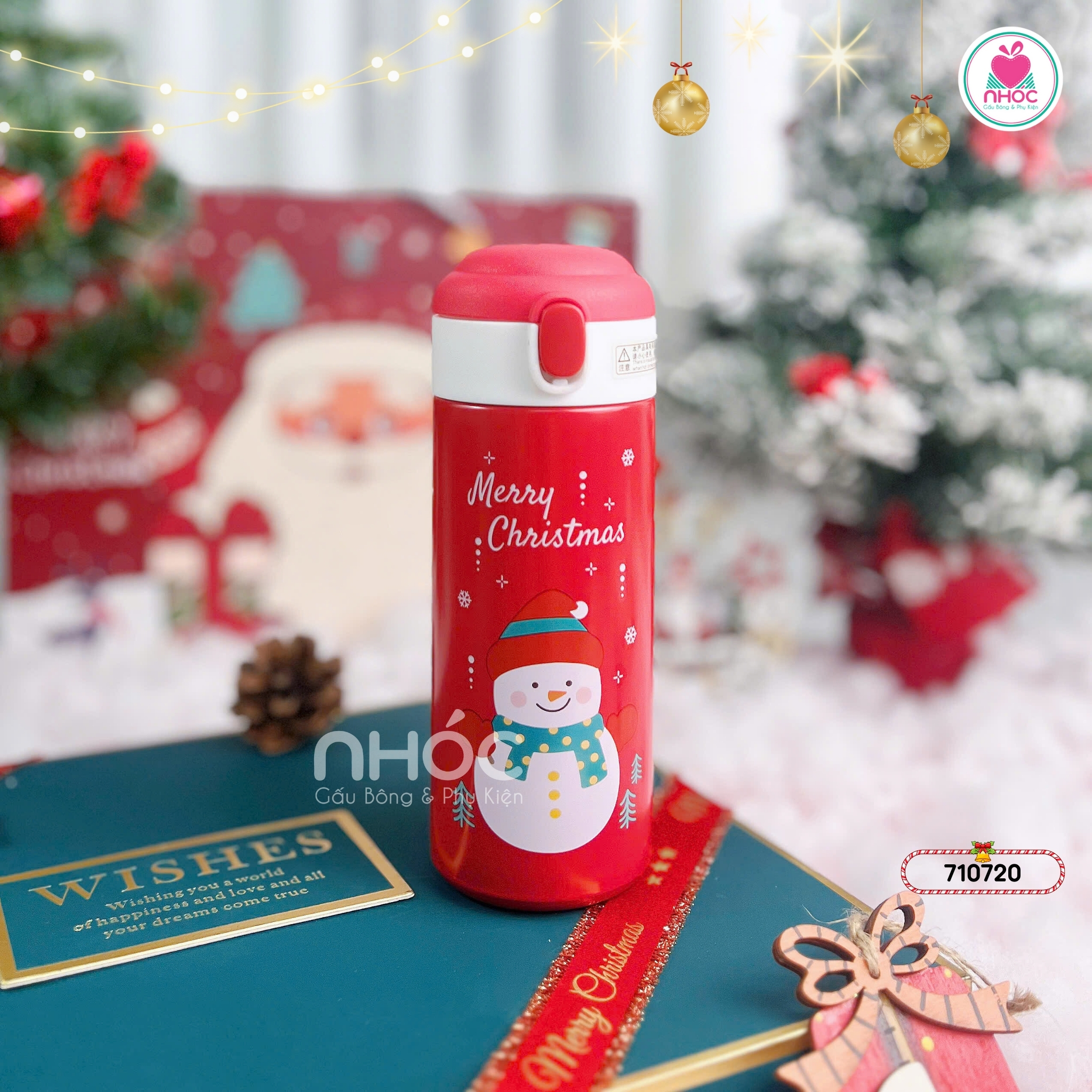 Bình giữ nhiệt Noel nắp bật đỏ - Người tuyết - Trắng - 18001