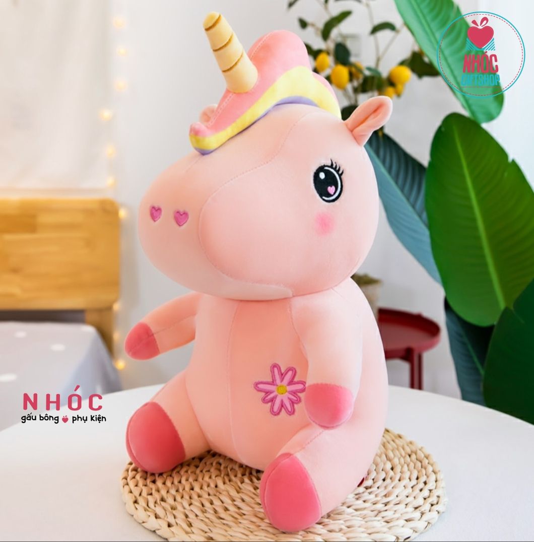 Thú bông Kỳ lân ngực thêu hoa lông mịn ngồi - Hồng - 55420