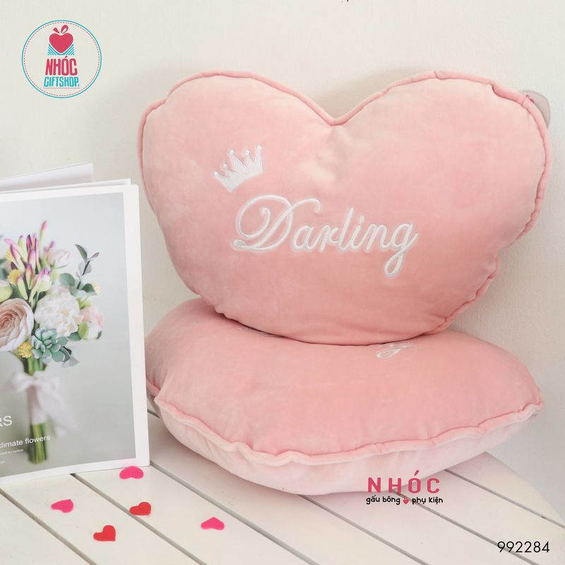 Gối bông tim thêu lông mịn - Hồng - 35280