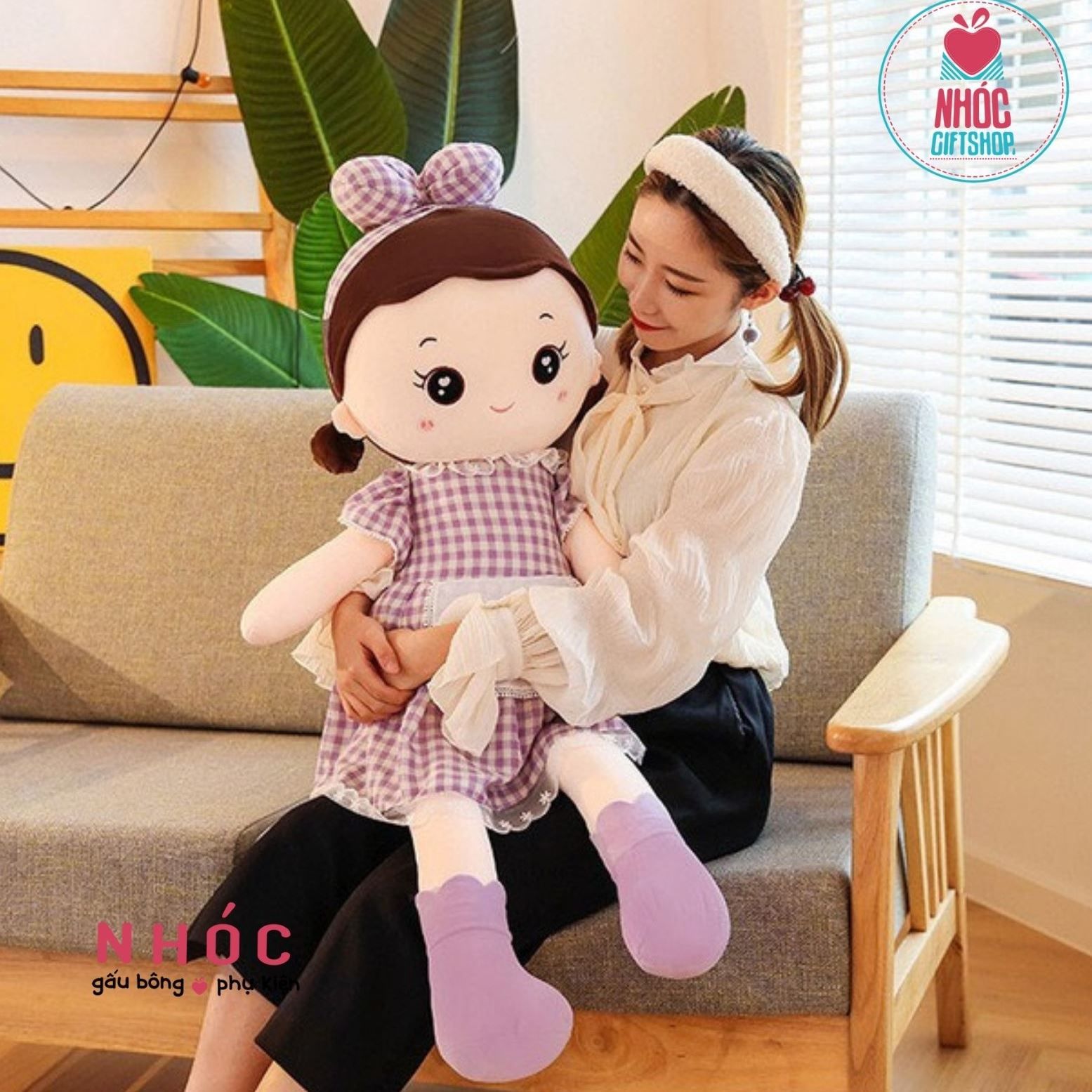 Búp bê bông mặc đầm sọc caro lông mịn - Tím - 115680