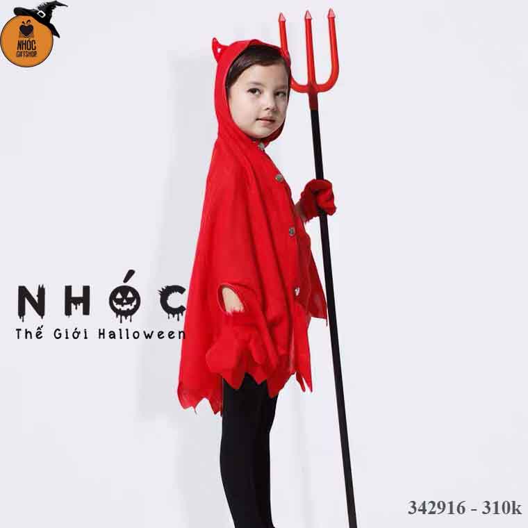 Aó choàng Halloween mũ sừng vải nỉ - Đỏ - Size M - 31001