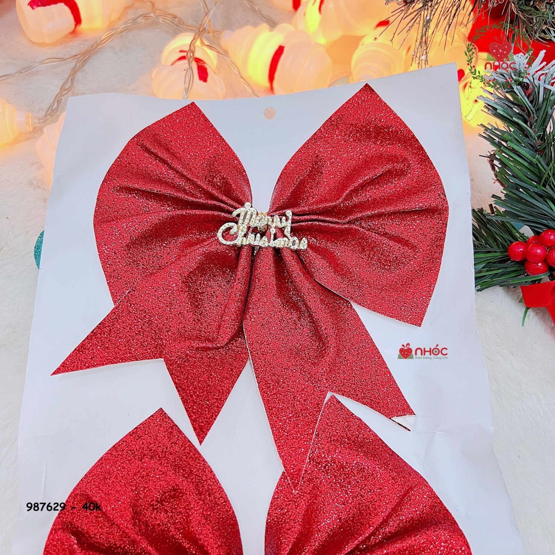 Phụ kiện trang trí Noel nơ kim tuyến bộ 2 - Đỏ - 4001
