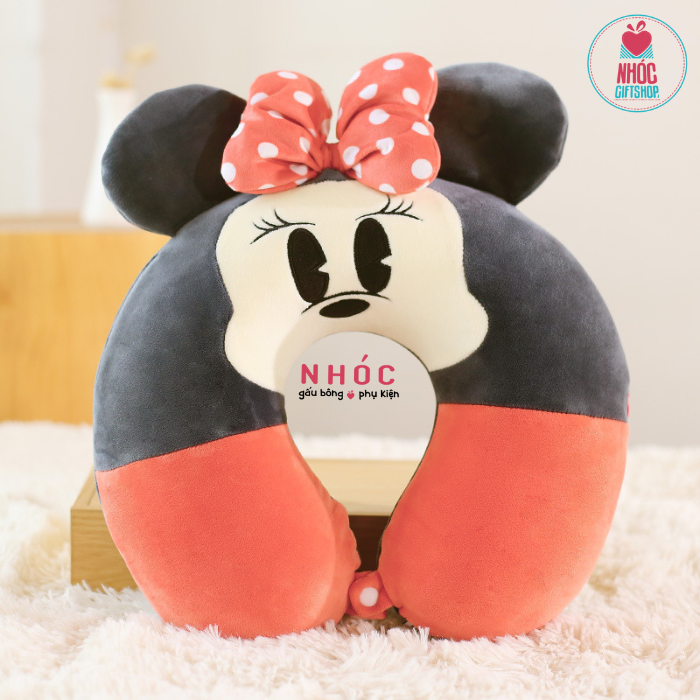 Gối kê cổ cao su non Mickey đeo nơ - Đỏ đen -16001