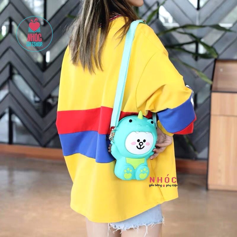 Túi đeo chéo thú silicone thỏ Cony mặc áo khủng long - Xanh lá cây - 29001