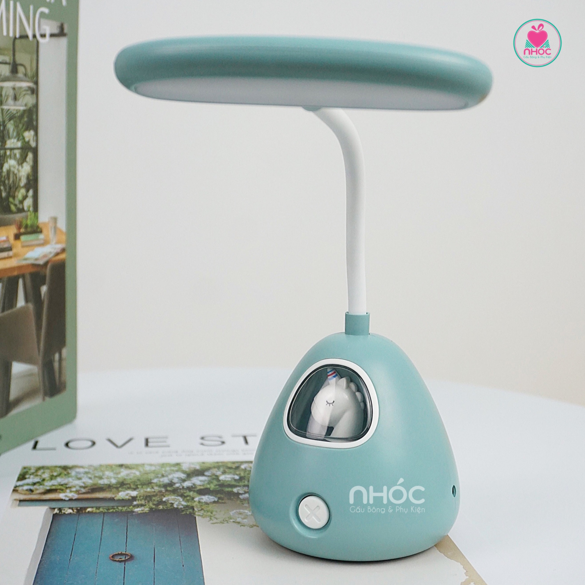 Đèn ngủ để bàn kỳ lân đầu ovan - Xanh nhạt - 16001