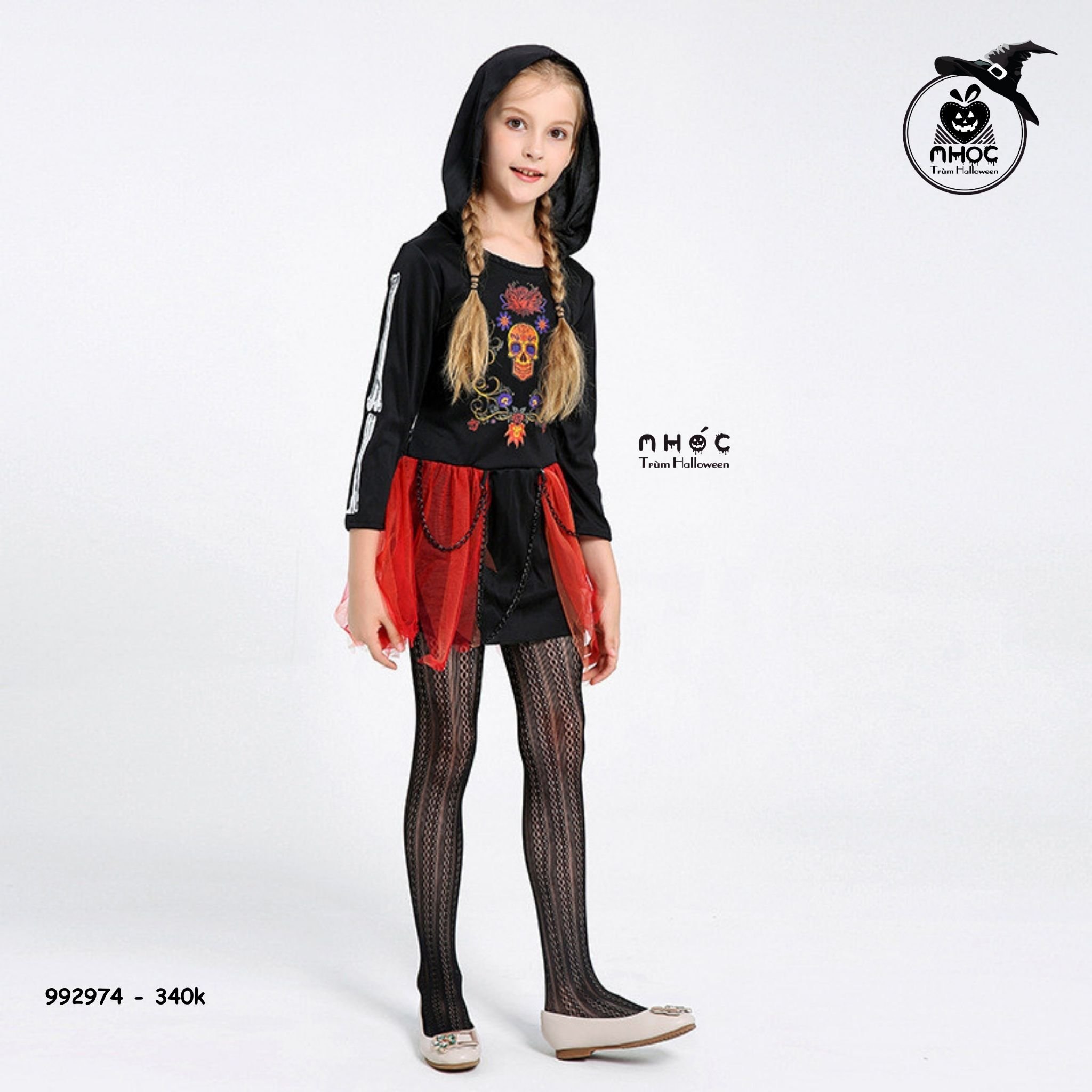 Đầm halloween tay in xương trùm đầu váy lưới dây xích - Size M - 34001