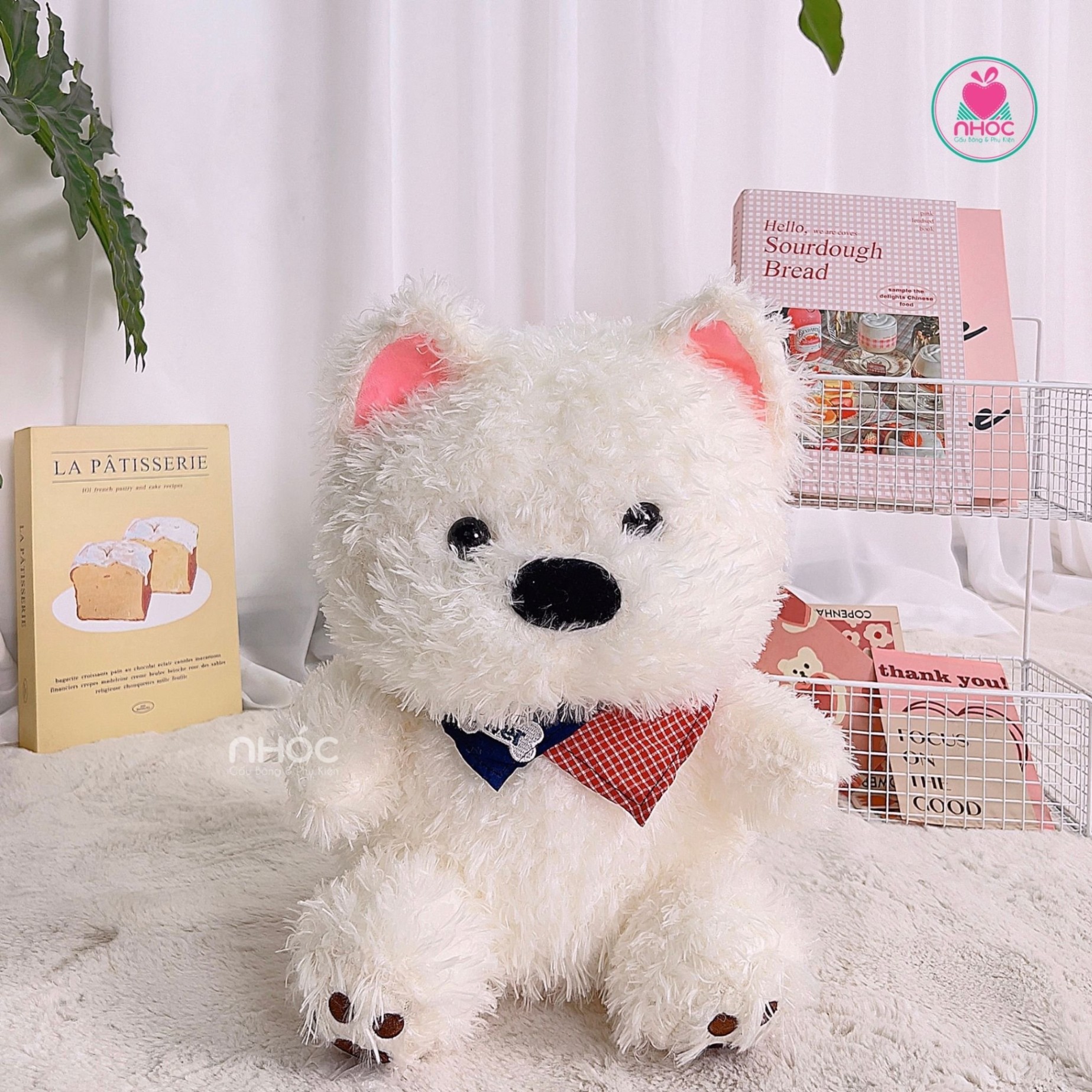 Thú bông chó trắng đeo khăn lông xù - 50460