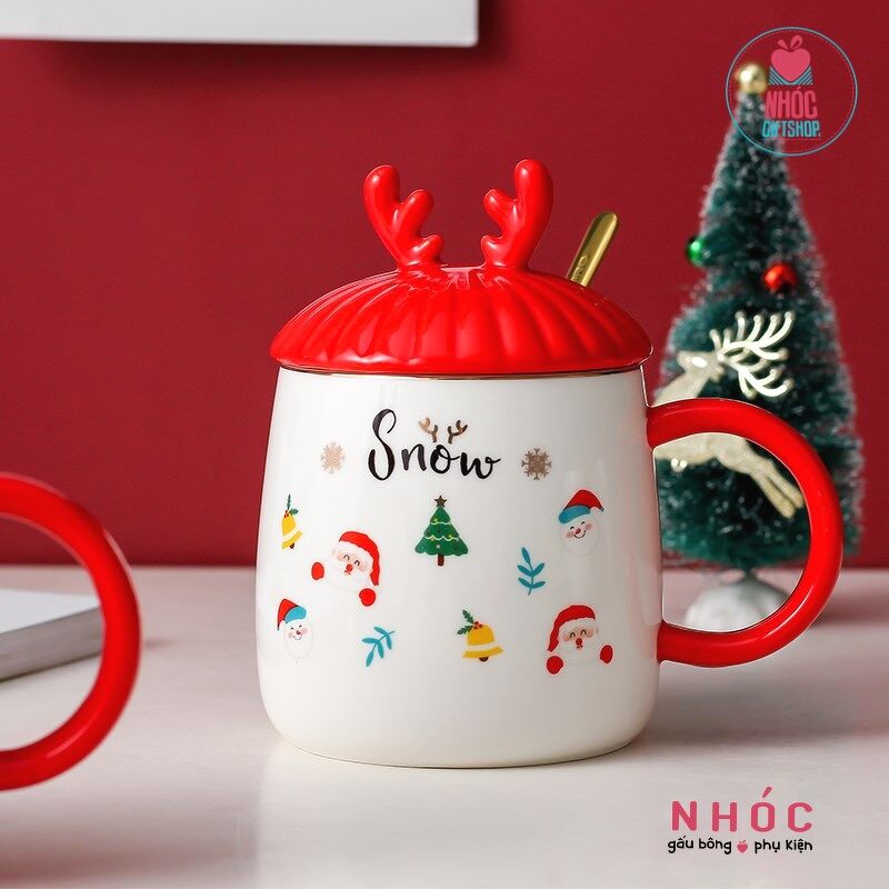 Ly sứ noel nắp đỏ sừng tuần lộc - Mix - 12001