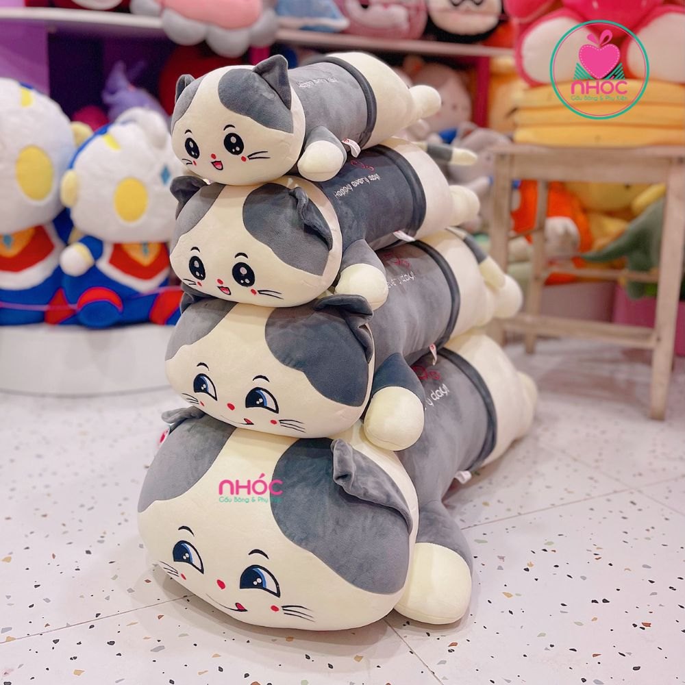 Gối ôm Mèo Happy lông mịn nằm TC - Trắng đen - 90440