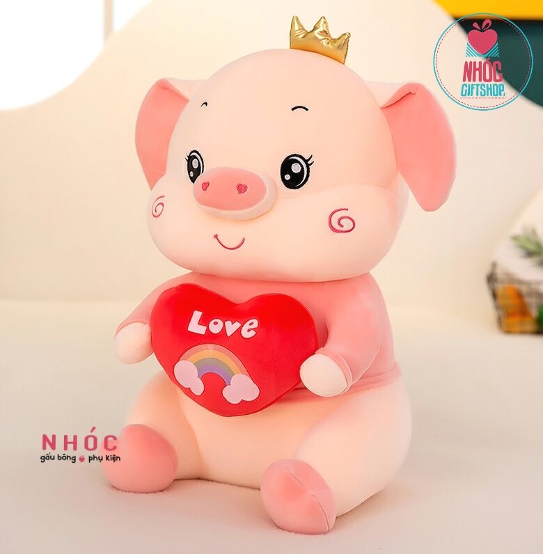 Thú bông Heo ôm tim in love lông mịn ngồi - Hồng đào - 55410