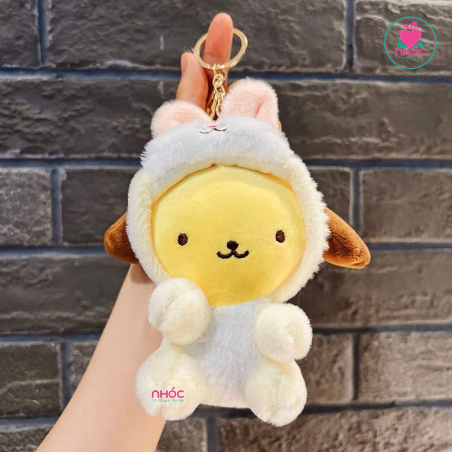 Móc khoá bông thú mặc áo thỏ - Pom pom purin - 7501