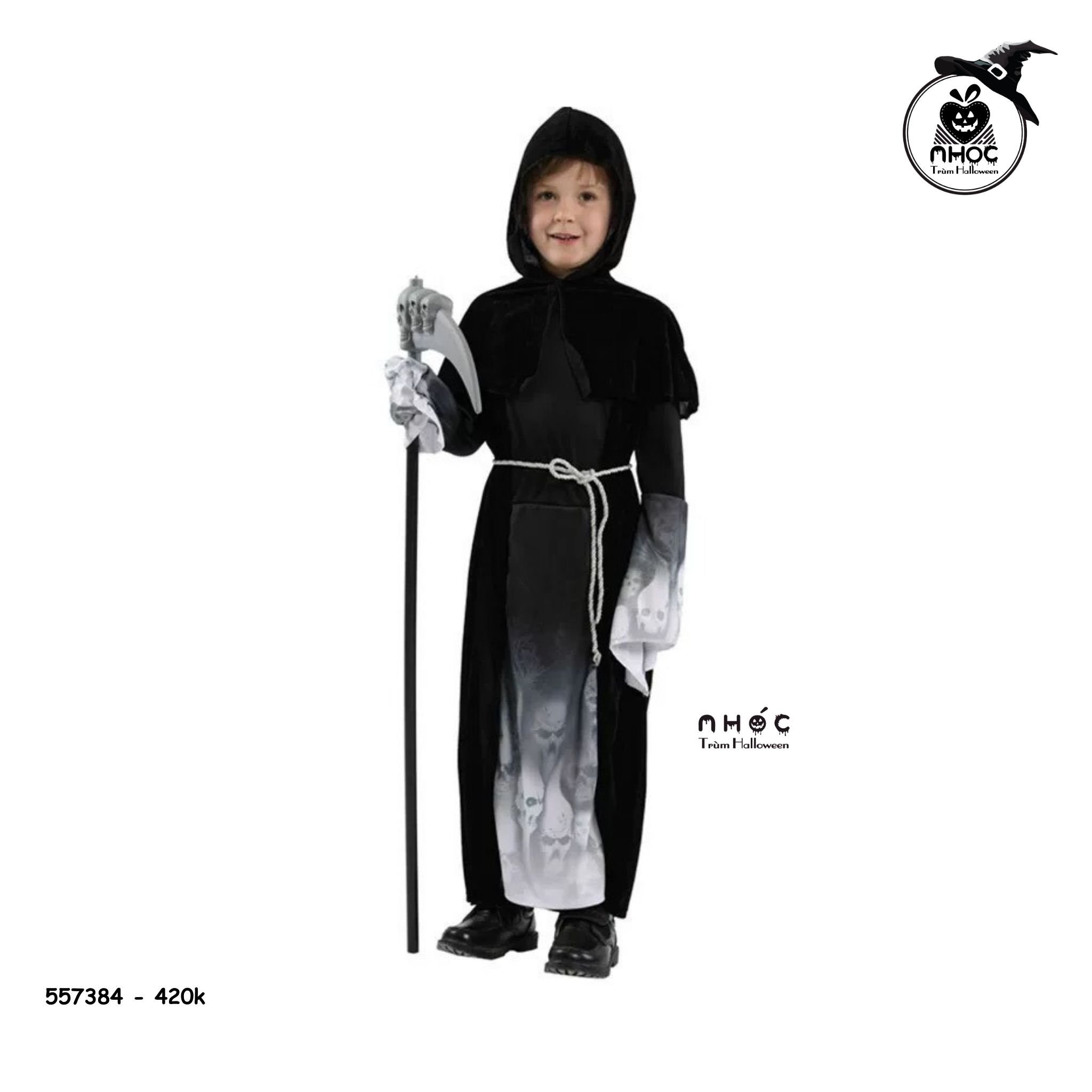 Aó halloween thần chết vải nhung thun in đầu lâu có nón combo thắt lưng- 42001 - M