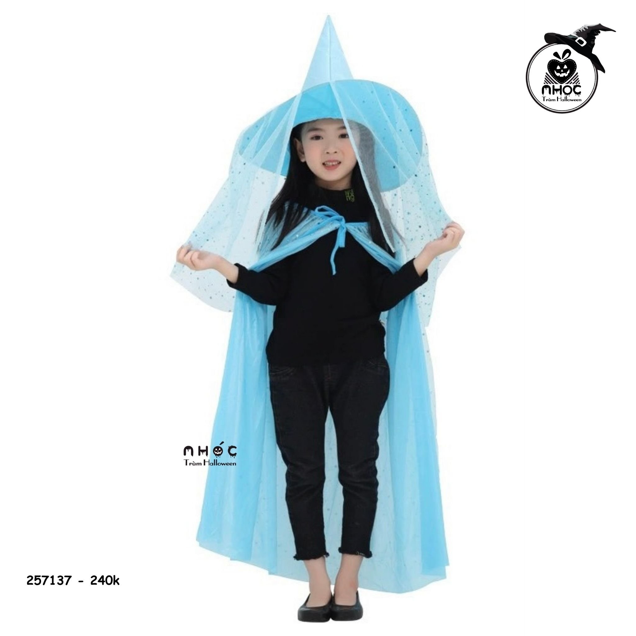 Áo choàng halloween phù thủy in sao váy lưới combo nón - Xanh dương - 24001