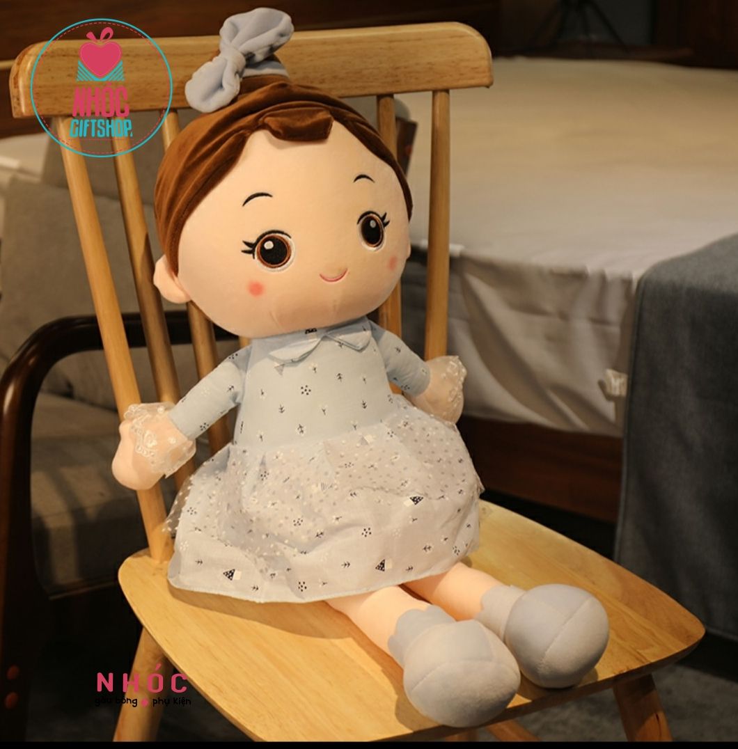 Búp bê bông mặc đầm búi tóc cột nơ lông mịn - Xanh da trời - 60240