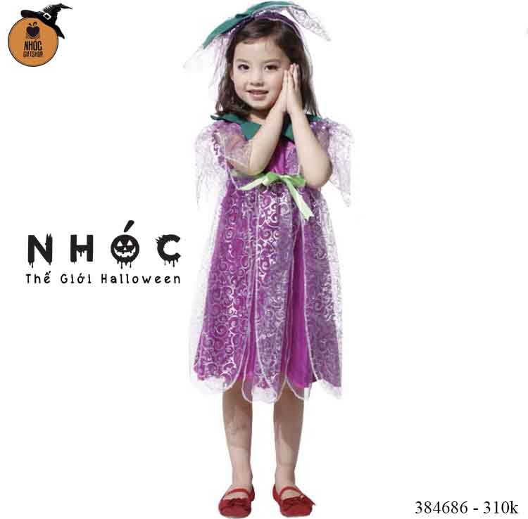 Đầm halloween cổ lá nỉ vải phi lưới họa tiết tua rua combo kẹp - Tím - Size M - 31001